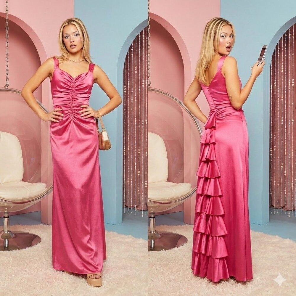 Vintage Y2K Gunne Sax Prom Dress Pink Satin Ruffle Ruched Coquette Balletcore 7